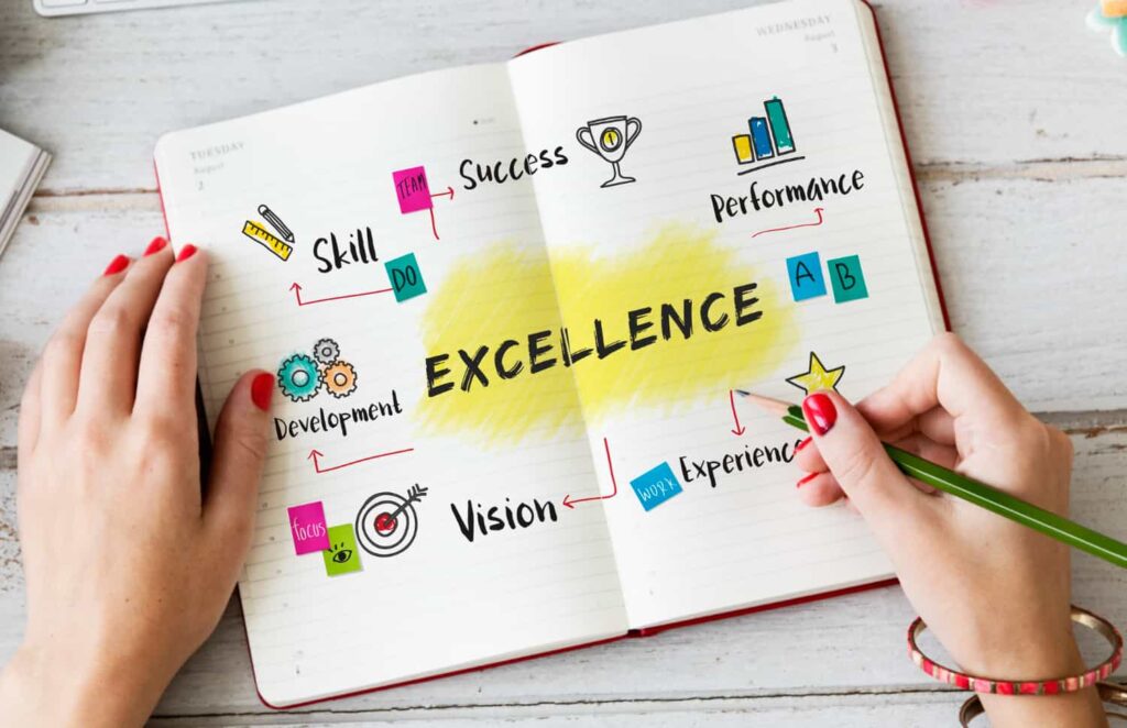 a female wiring Excellence skill success performance development vision experience on book with green pencil, Why join Us of SK Financial Services https://skfinancial.co