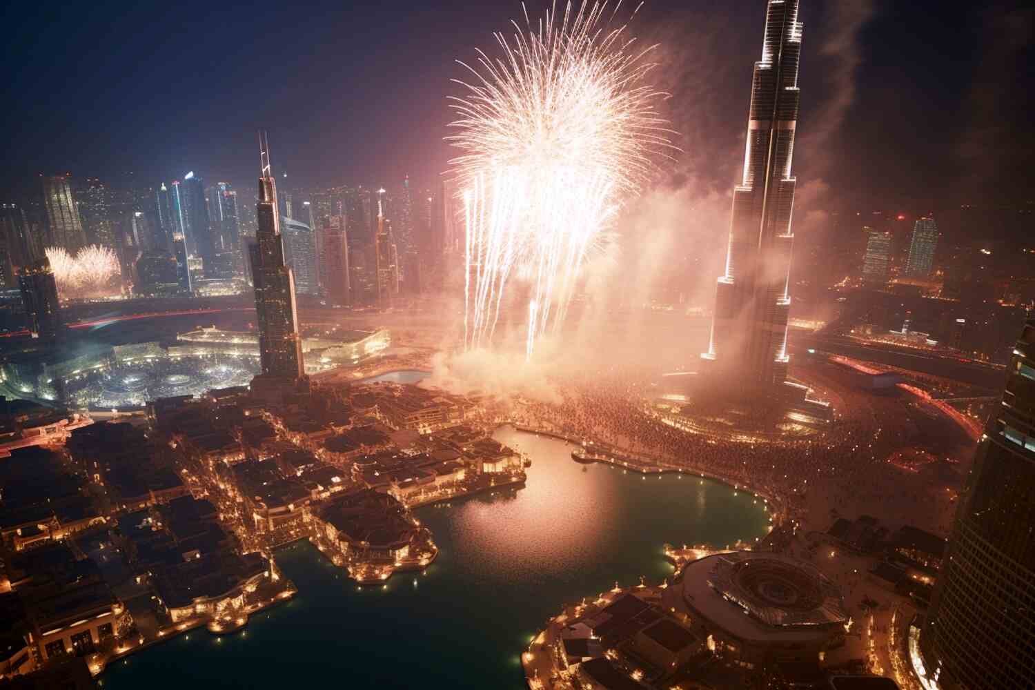 fireworks near Burj Khalifa at evening, New Year Resolutions presented by SK Financial Services https://skfinancial.co