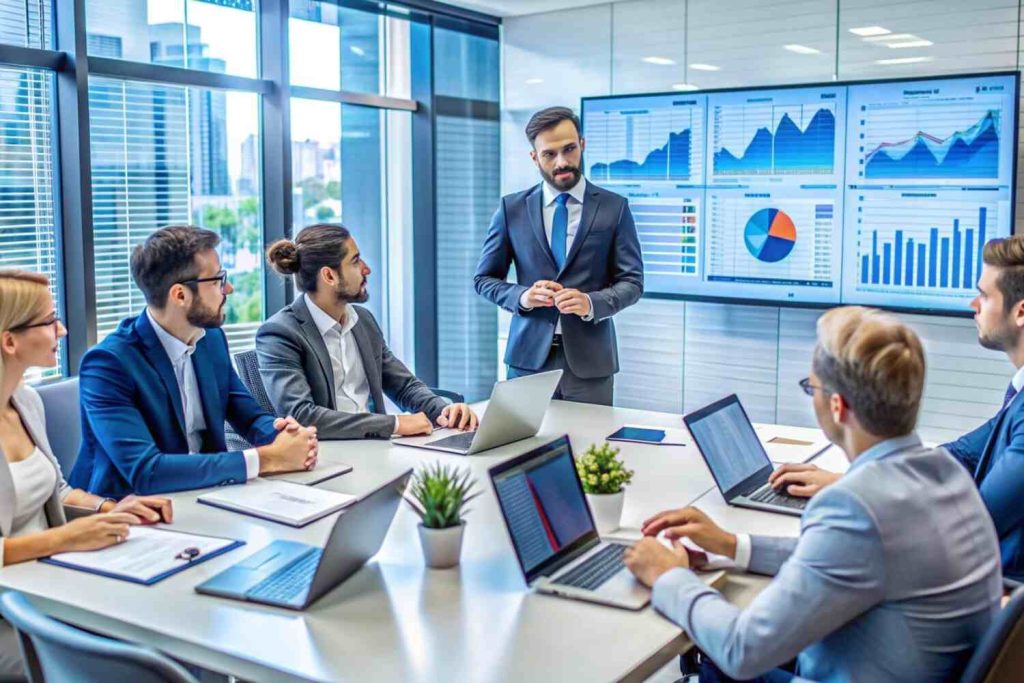 a man presenting financials in an office with other male and female colleagues, Why Choose Financial Consultancy in Dubai presented by SK Financial Services https://skfinancial.co