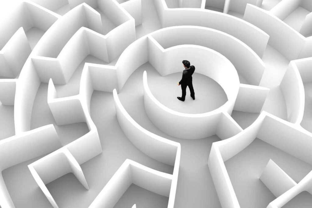 A man finds the way from a white maze, Challenging presented by SK Financial Services https://skfinancial.co