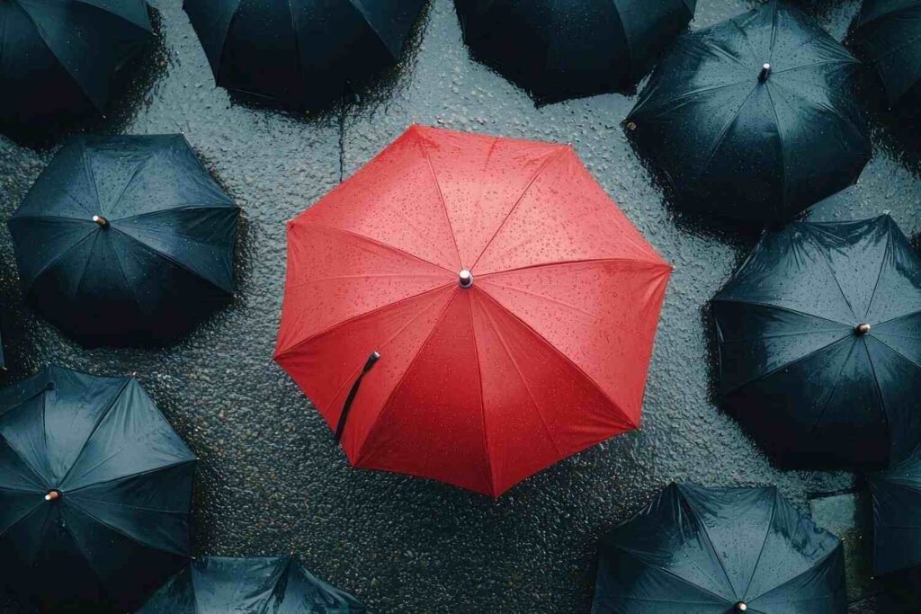 one red umbrella among black umbrellas, Why Choose Us presented by SK Financial Services https://skfinancial.co